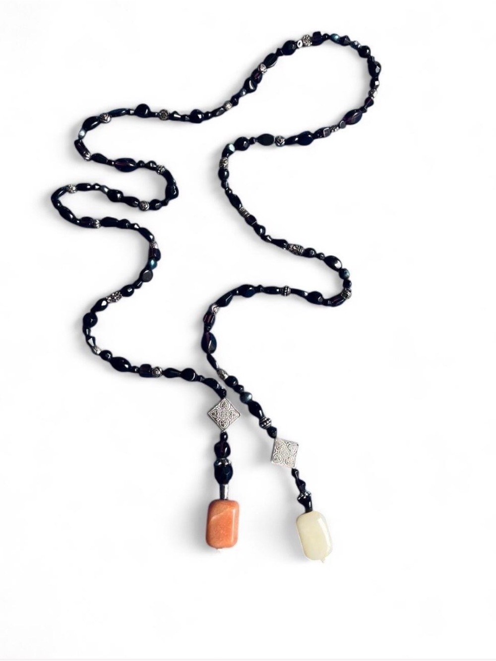 Handcrafted Black Beaded Lariat Necklace with Coral and Cream Pendants